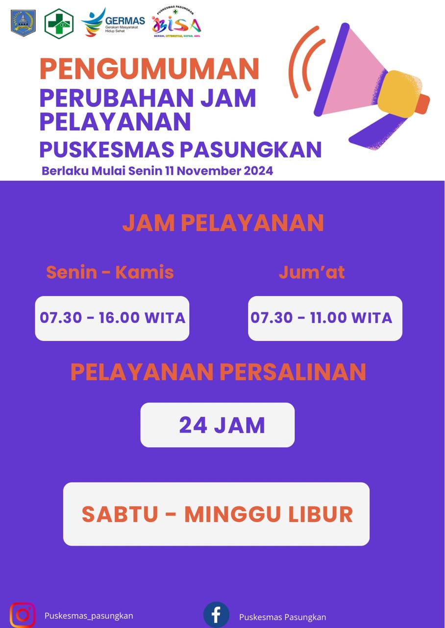 PERUBAHAN JAM PELAYANAN PUSKESMAS PASUNGKAN